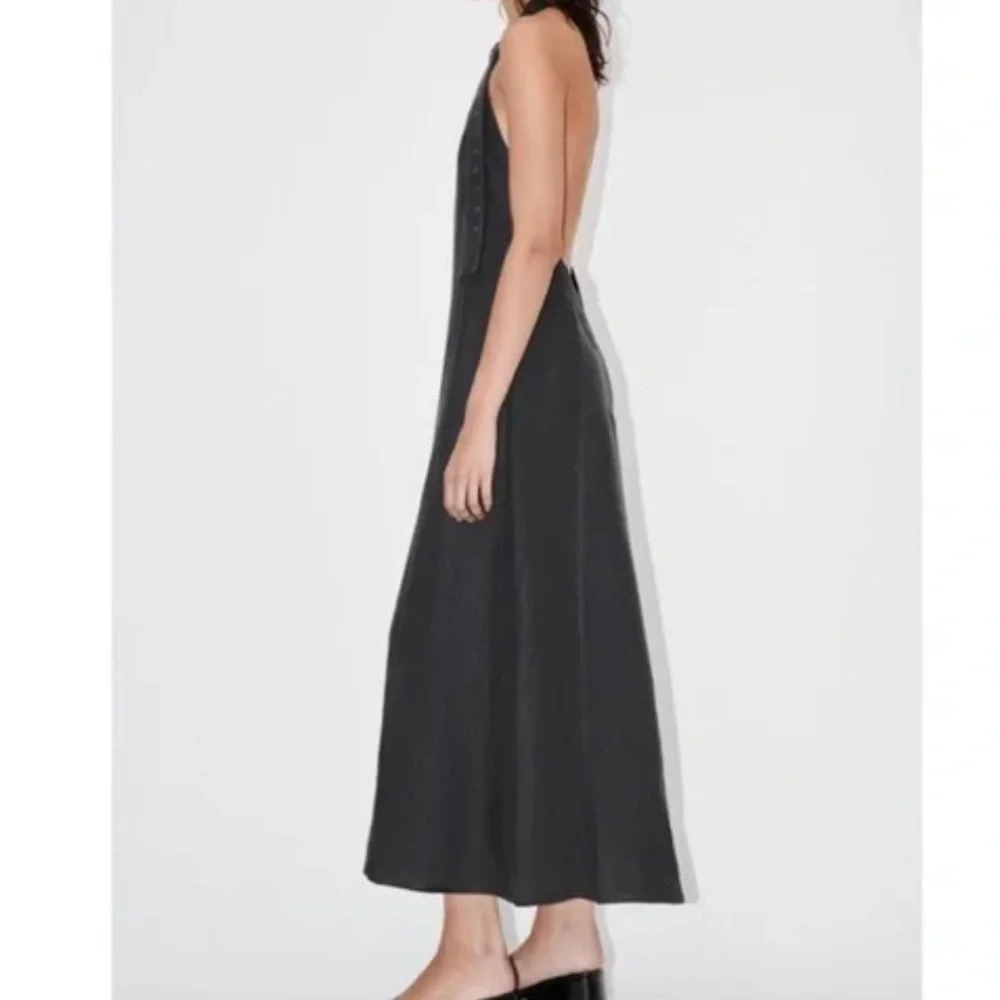 ZARA 100% Linen Halter Midi Dress Grey Medium Bloggers Favorite Coastal Beach